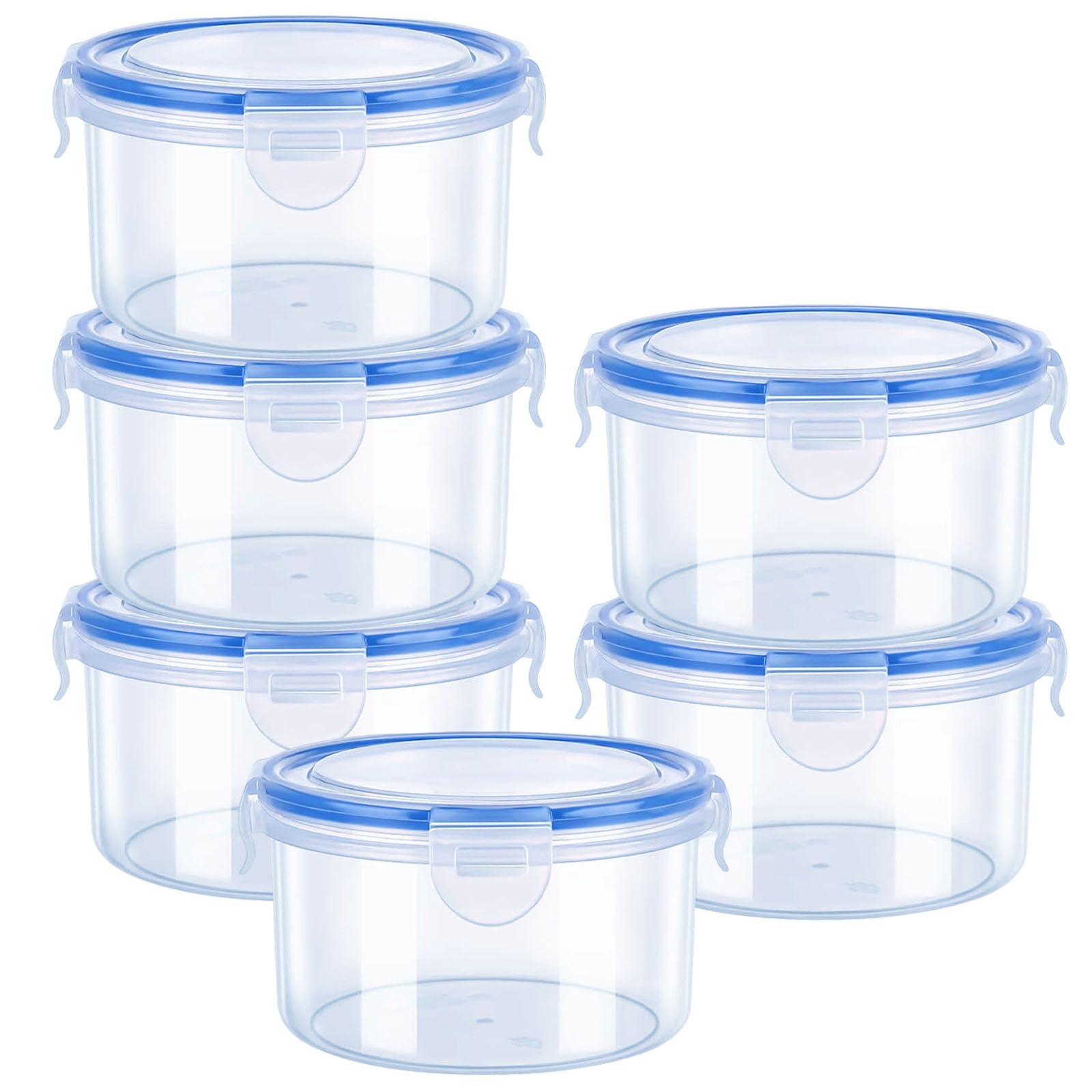 Food Containers with Lids, 6 Pack 600ml Plastic Reusable Snack Pots with Clip Lock, Round Clip Lock Food Containers, Leak-Proof Small Storage Container Set Stackable for fruits yoghurt fridge & Travel