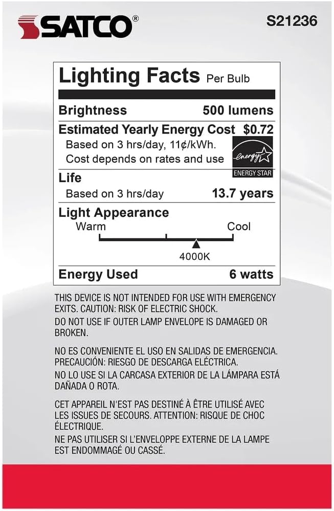 Satco S21236/06 6-Watt LED E26 Light Bulbs, 4000K, 15000 Hour Rating, Dimmable, 6 Pack