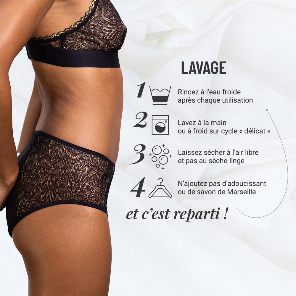 Rejeanne Mutandina mestruale a Flusso Abbondante (3-4 tamponi), Elegante con Pizzo, Alta qualità, Marca Francese, Cotone Biologico, Nero, 36