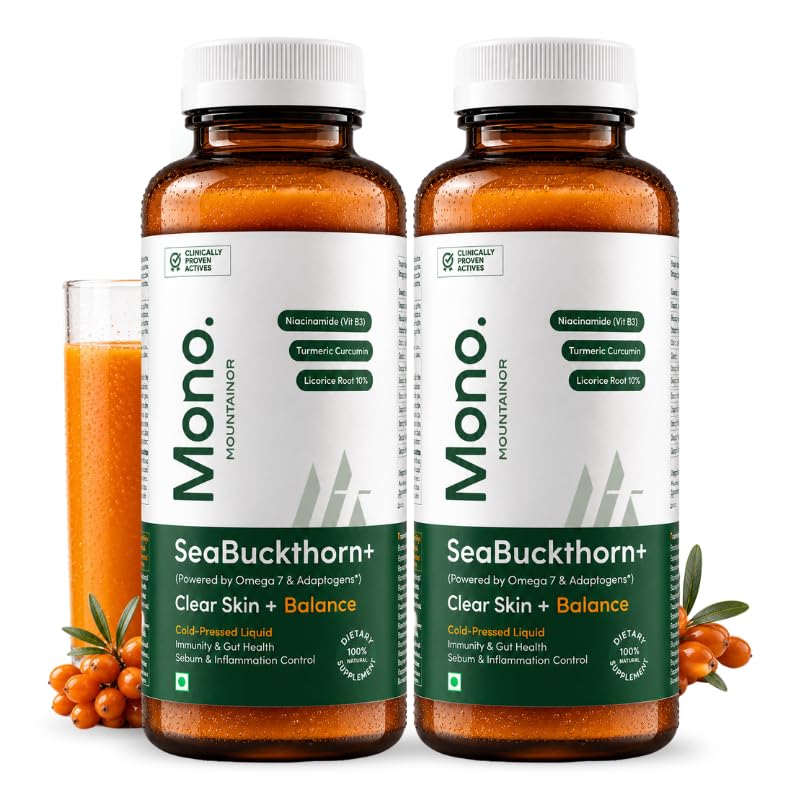 Image of Mono Bioholistic Sea Buckthorn Juice | For Acne, Pigmentation, Skin Balance & Glow | Lab Tested | Supports Immunity & Gut Health | Omega-3 6 7 9, Niacinamide( Vit B3) , Zinc & Curcumin 95% | 300ml | No Added Sugar Pack of 2