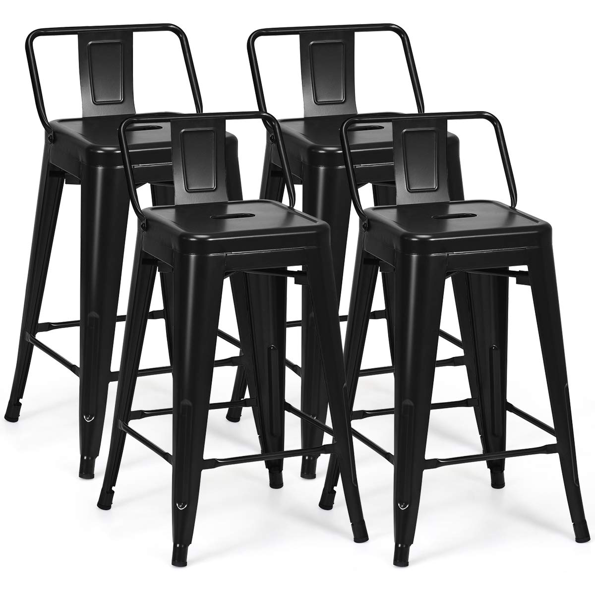 COSTWAY Set di 4 Sgabelli da Bar da 62 cm, Impilabile Sedie da Cucina Alto, in Metallo, con Schienale Rimovibile, Poggiapiedi, Design Industriale (Nero)