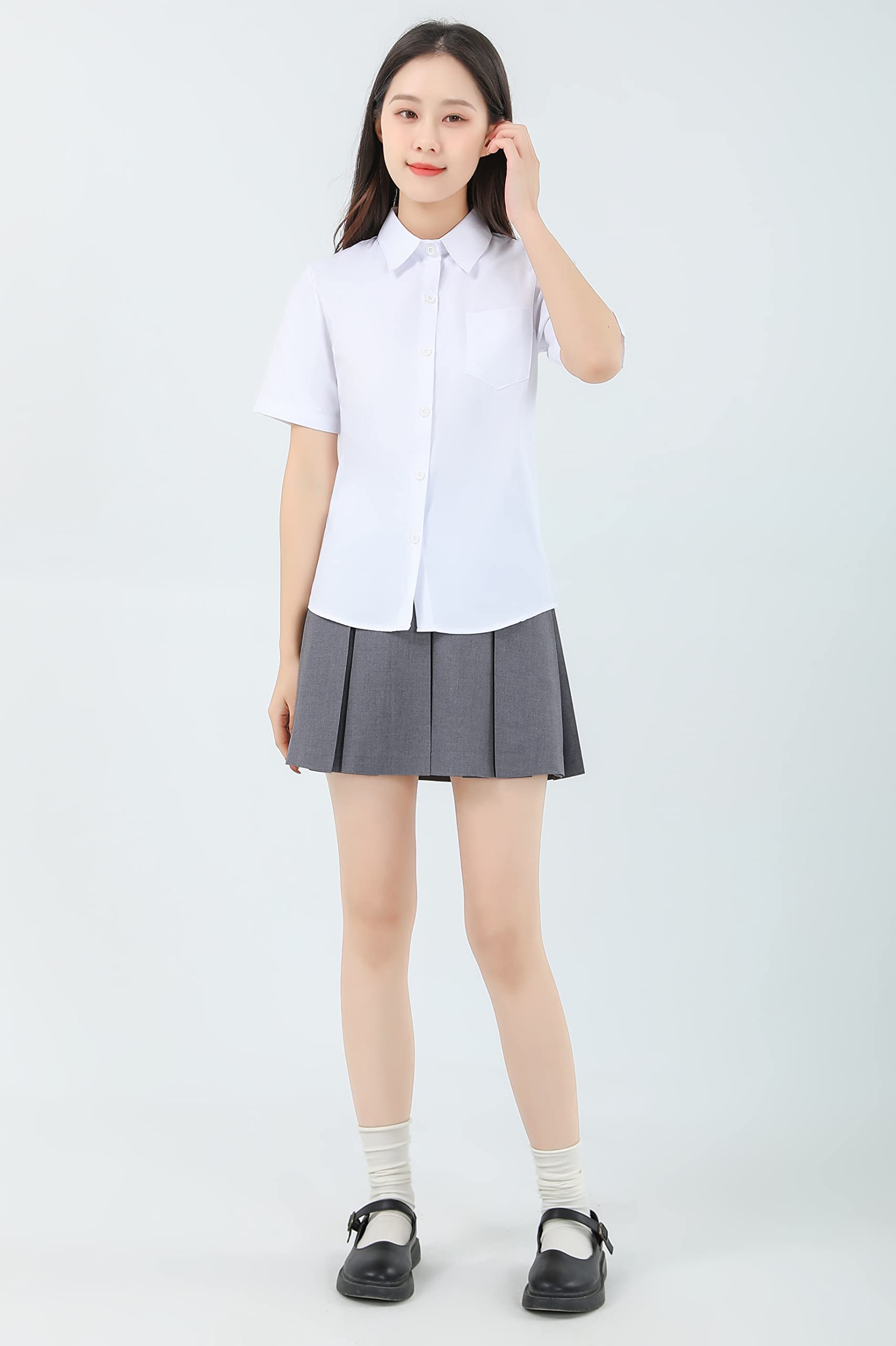 [Sharphon] 女子 スクールシャツ 長袖/半袖 角襟 レディース 無地 綿 シャツ トップス ポケット付 - 2