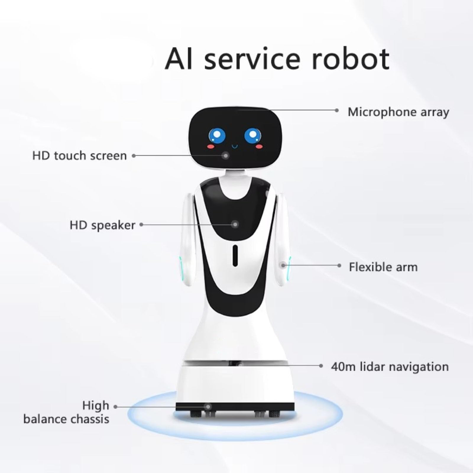 Robot de guía inteligente móvil. El robot tiene capacidades multilingües de reconocimiento de voz y difusión, así como traducción del idioma, lo que lo hace perfectamente adecuado para museos