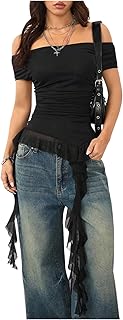 SweatyRocks Women's Ruffle Off The Shoulder T Shirts Ruched Asymmetrical Hem Short Sleeve Mesh Y2k Tops