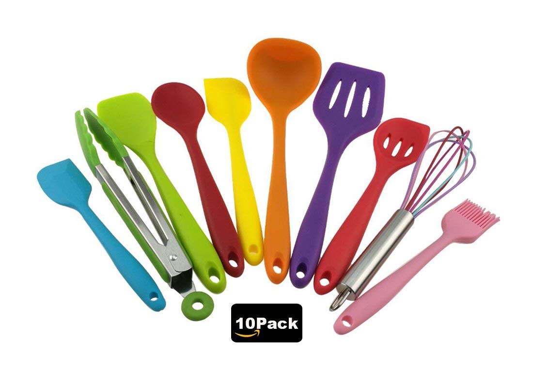 Juego de 10 utensilios coloridos de silicona, resistentes al calor, antiadherentes, de seguridad, de silicona, para cocina, para hornear