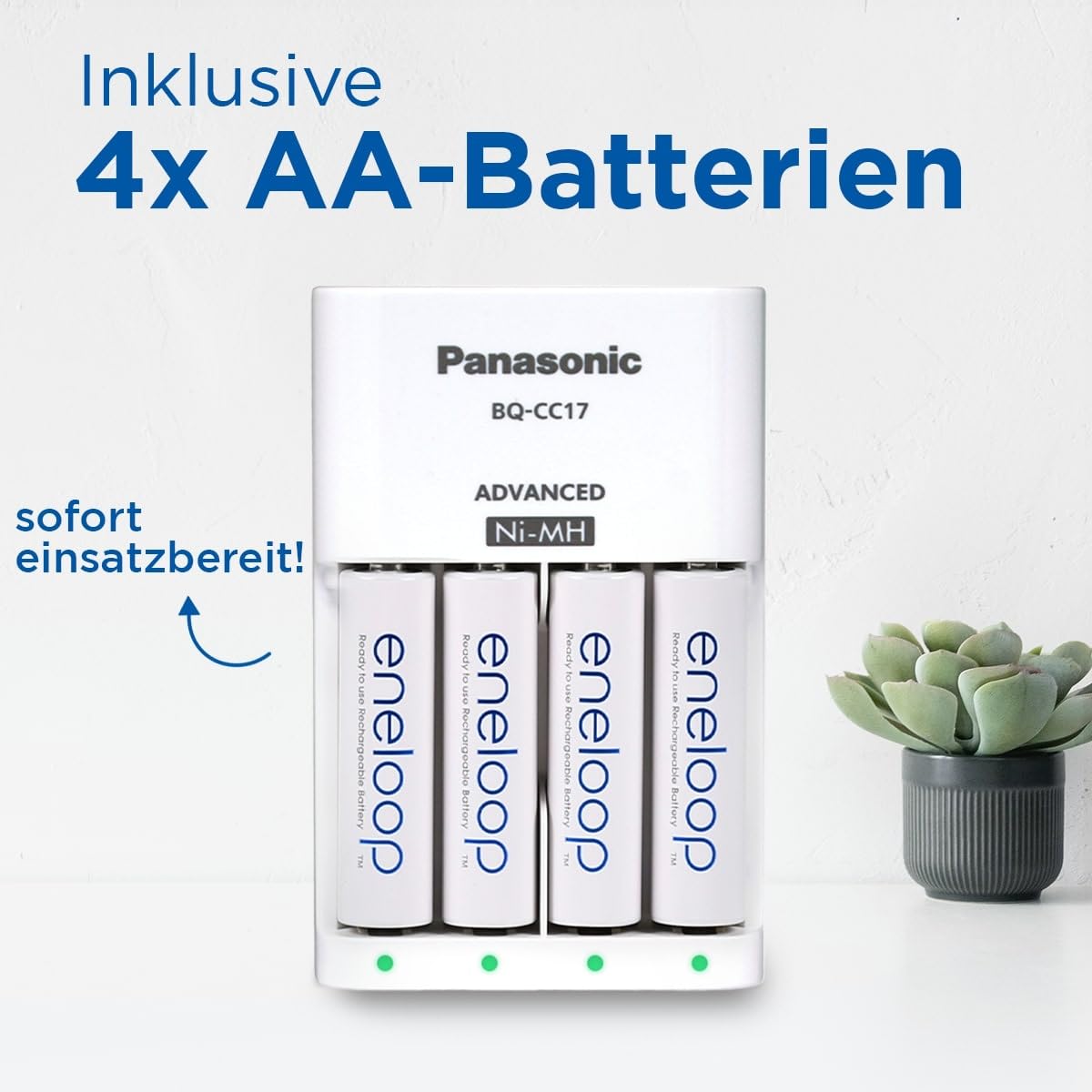 eneloop Smart-Ladegerät für 1–4 AA/AAA NI-MH-Akkus, mit 4 eneloop AA/Mignon-Akkus mit verbesserter Kapazität und 7 Sicherheitsfunktionen