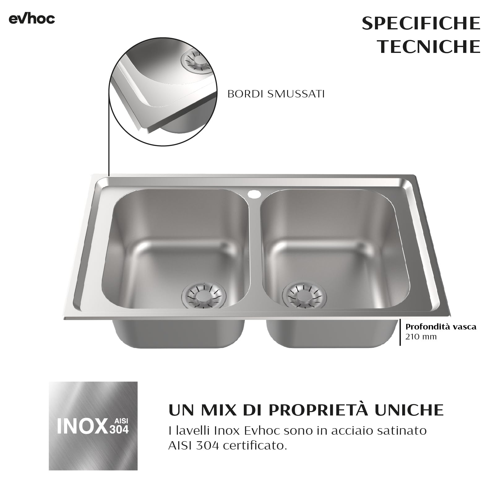 EVHOC Lavello Cucina Sopratop 86x50 cm 2 Vasche, Acciaio Inox, AURA S | Lavandino in Acciaio Inox con Finitura Satinata, Made in Italy, Piletta e Sifoni Inclusi