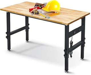 QYDS US 48" Adjustable Height Workbench Desk with Power Outlets, Rubber Wood Top, 2000 lbs Capacity for Garage Workshop Office
