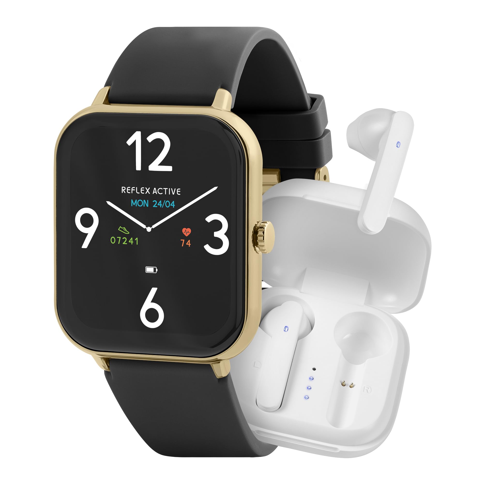 Reflex Active Series 23 Gold Plated Black Strap Smart Watch and True Wireless Sound Earbud Set, Pale Gold, 38mm x 38mm x 11mm