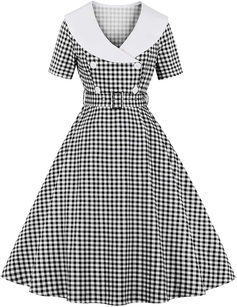 極美品　Lady Checkered Belted Midi Dress Gingham Print High Waist Women Vintage A Line Midi Fabric