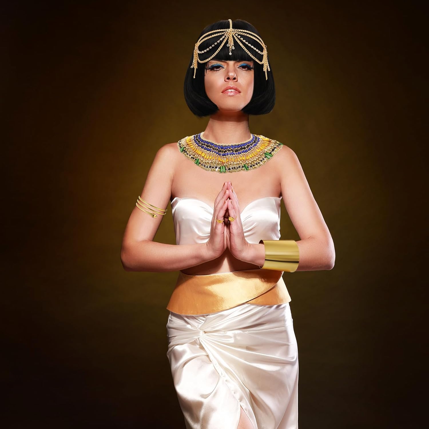Ecally 13 Pcs Halloween Egyptian Headpiece Costume for Women Jewelry Accessories Short Black Bob Wigs Tassel Head Chain Snake Arm Cuff Collar Necklace Finger Rings for Party Supply - Image 6