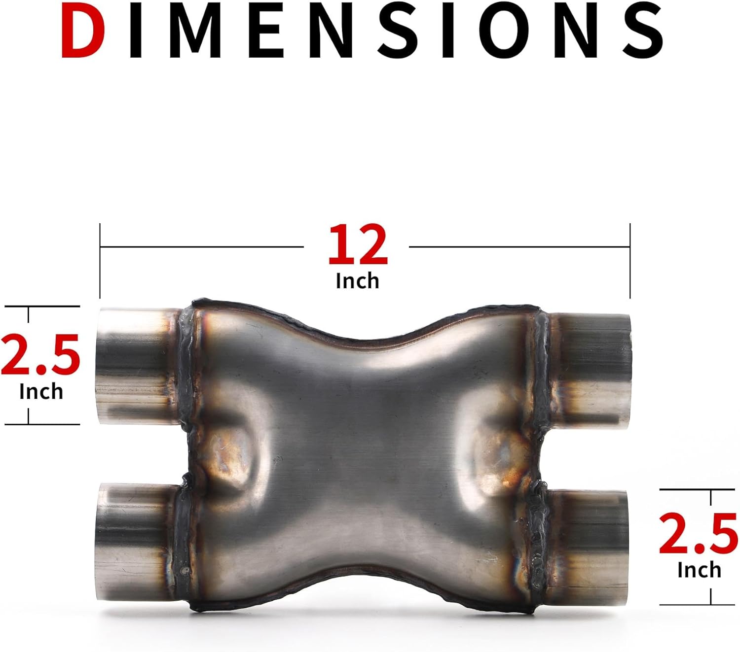 Richeer 2.5 Inch Exhaust X Pipe, 2.5" Inlet 2.5" Outlet 12" Overall Length Stainless Steel Universal Exhaust Pipe Dual 2 1/2 Inch Crossover X Pipe, Weld On