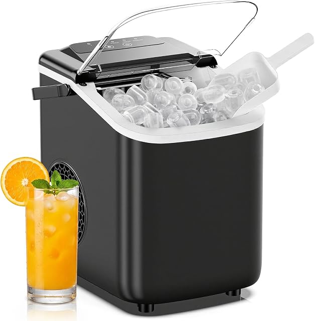 DUMOS Ice Maker, Nugget Ice Machine Countertop with Basket, Scoop and Portable Handle, 26lbs Daily, 9 Bullet Cubes in 6~8 Mins, Self-Cleaning for Kitchen, Office, Outdoos, RV Camping