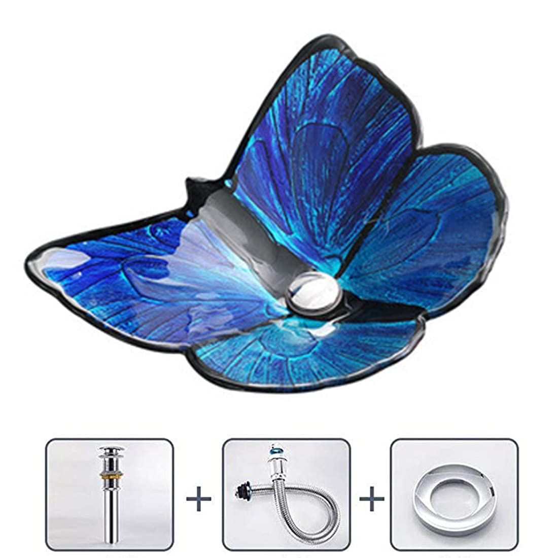強化ガラス 洗面台蝶形シンク滝の蛇口付き バスルーム シンク バニティ シンク Amazon.co.jp: 青い蝶の形をした強化ガラスの洗面台バスルームの容器の