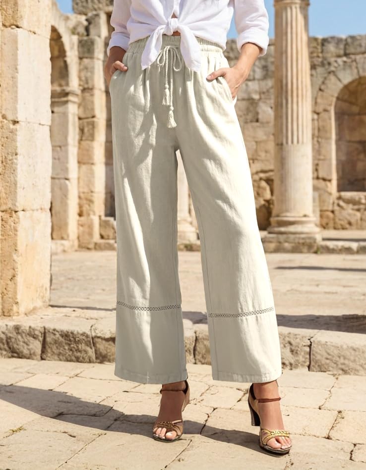 Pantalones de lino de pierna ancha para mujer, cintura alta, informales, con cordón, pantalones palazzo para playa con bolsillos