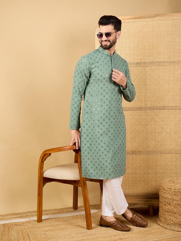 Image of Men's Solid Embroidered Long Straight Kurta | Men's Kurta | Embroidered Chikankari Kurta for Men | Straight Fit Kurta for Men