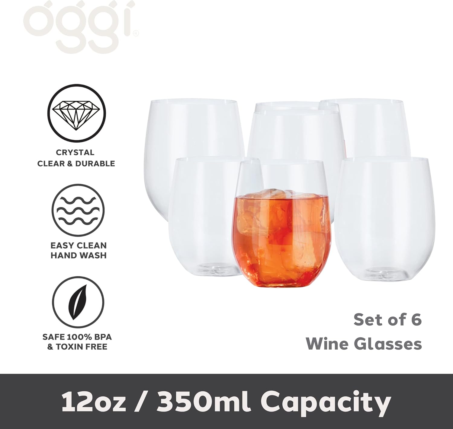 Oggi Unbreakable Wine Glasses, Set 6 - Elegant Reusable Plastic Wine Cups, Stemless Wine Glass Tumbler Design, Shatterproof Plastic, Ideal for Indoor and Outdoor Use, Recyclable - 12oz / 350ml - Image 2