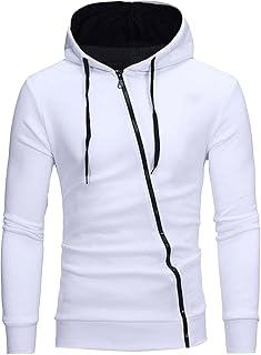 Maiyifu-GJ Men Long Sleeve Diagonal Zipper Hoodie Drawstring Side Zipper Hooded Coat Slim Fit Muscle Bodybuilding Zip Jackets (White,3X-Large)