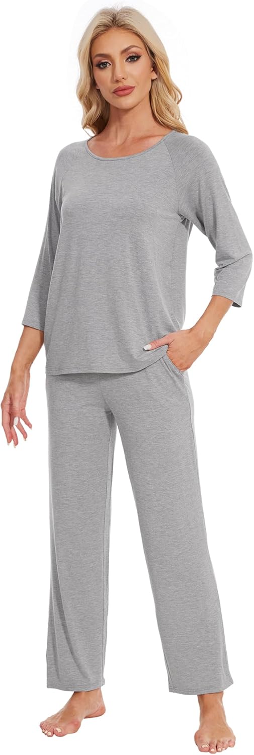WiWi Womens Pajama Set 3/4 Sleeve Pajamas Crewneck Sleepwear Sets Soft Loungewear Pjs with Pocket S-XXL