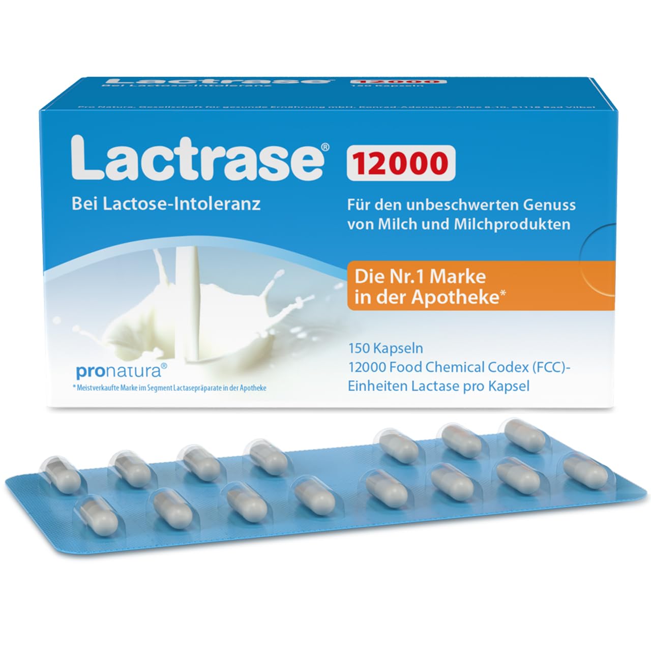 pro natura Lactrase 12000 – 150 Lactase Kapseln bei Lactose-Intoleranz, für den unbeschwerten Genuss von Milch und Milchprodukten