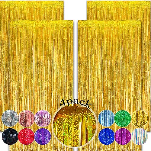Image of 4Pcs Gold Fringe Backdrop 12.8x8.2 Feet Glitter Metallic Tinsel Foil Fringe Curtain, Gold Backdrop Curtain Door Streamers for Birthday Graduation Bachelorette Disco Christmas Party Decorations