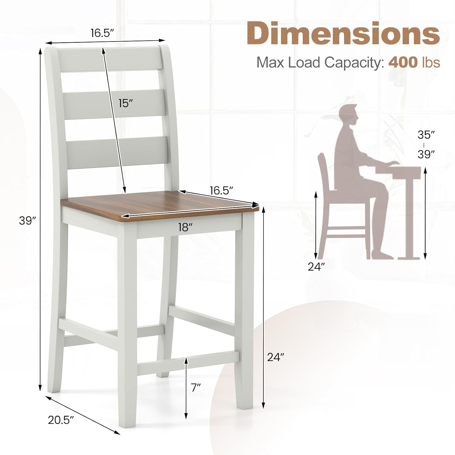 COSTWAY Set of 4 Counter Height Chairs, 24'' Wooden Bar Stools with Back Support, Footrest, Acacia Wood Legs, Mid Century Modern Island Chairs for Kitchen Dining Room, Grayish White