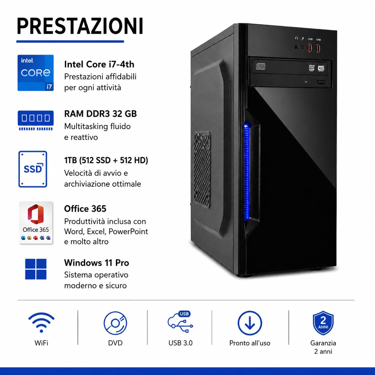 PC Fisso Completo - Computer Desktop i7-4790 • RAM 32GB • SSD 1TB (512 SSD + 512HDD) • Grafica Integrata HD 430 • Wi-Fi • Masterizzatore DVD • HDMI • USB 3.0 • Windows 11 Pro • Office 365.