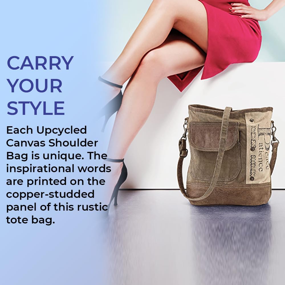 Upcycled Canvas Shoulder Bag, Earth Friendly Tote, Inspirational Words, No Two Alike, Adjustable Strap, Fully Lined, Zip Closure,12” x 12 ¾” - Image 5