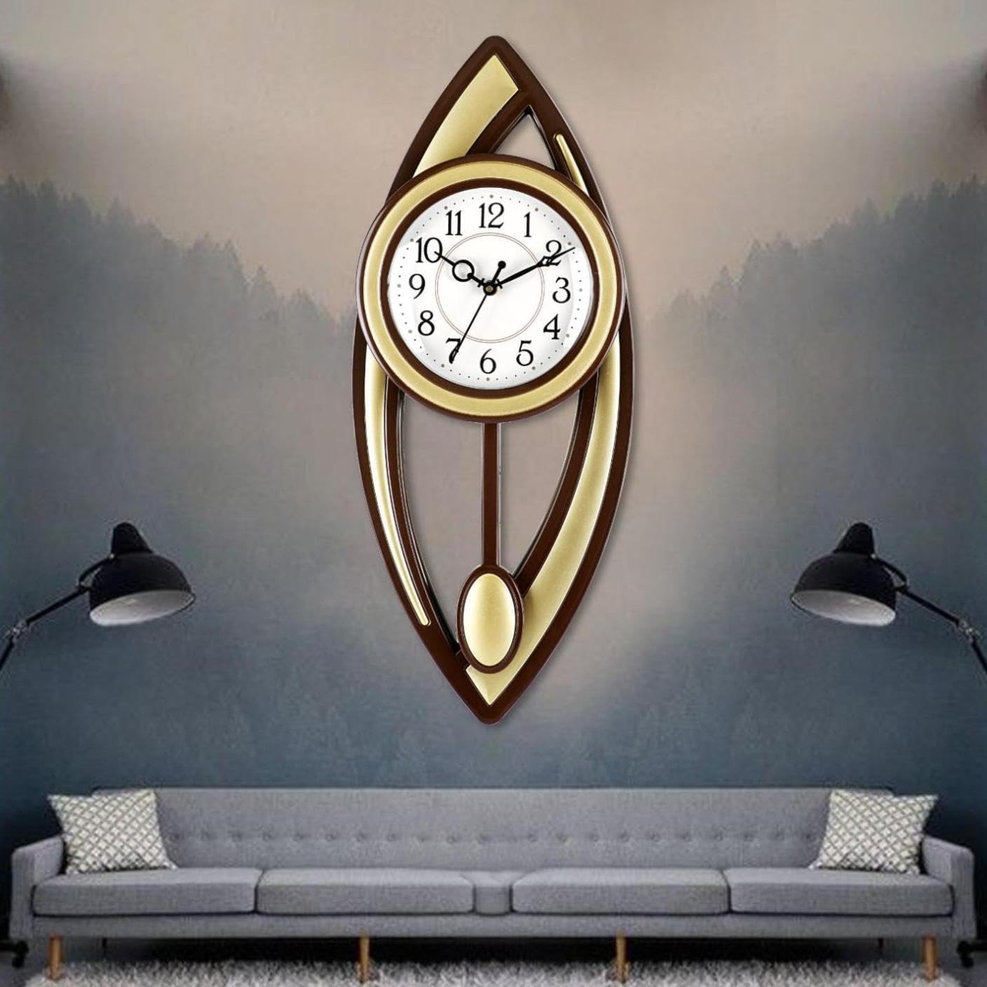 Analog Latest Stylish New Models Wall Clock with Pendulum for Home Living Room Hall Bedroom (Size Height 52 CM X Width 21 CM)- 15DBUN (Golden)-image-47