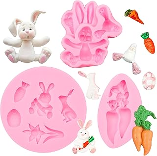 Bunny Silicone Molds, Easter Rabbit Carrot Chocolate Molds, Easter Egg Flower Fondant Baking Mold for Cake Decoration Cupc...