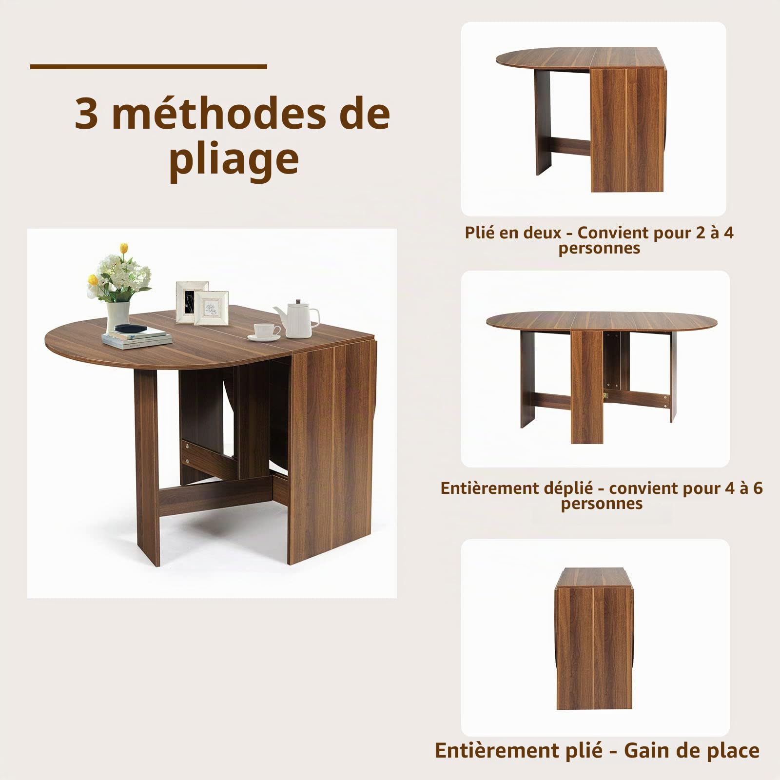 LIFEZEAL Table à Manger Pliable 163x80x75 cm, Table Cuisine Extensible en Bois Charge 60 kg, Marron Rétro, Intérieur Extérieur, Balcon, Salon, Bureau (Marron)