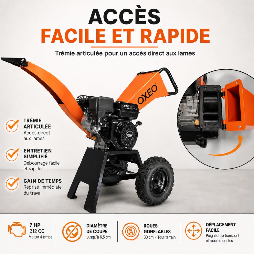 Broyeur de végétaux thermique 212 cm³ – 7 CV – Pour branches 65 mm - Trémie articulée et goulotte orientable