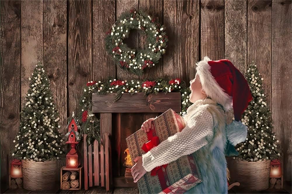 Leowefowa 3x2.5m Vinyl Backdrop Xmas Fireplace Rustic Wood Backdrop Christmas Tree Photo Background Party Banner Decoration Photo Shoots Kids Adult Studio Props Photography Backdrops