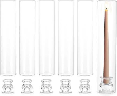 NUPTIO Portavelas de palillo de vela juego de 6 candelabros cónicos de cristal para huracanes, soporte de vela a granel con chimenea cilíndrica alta