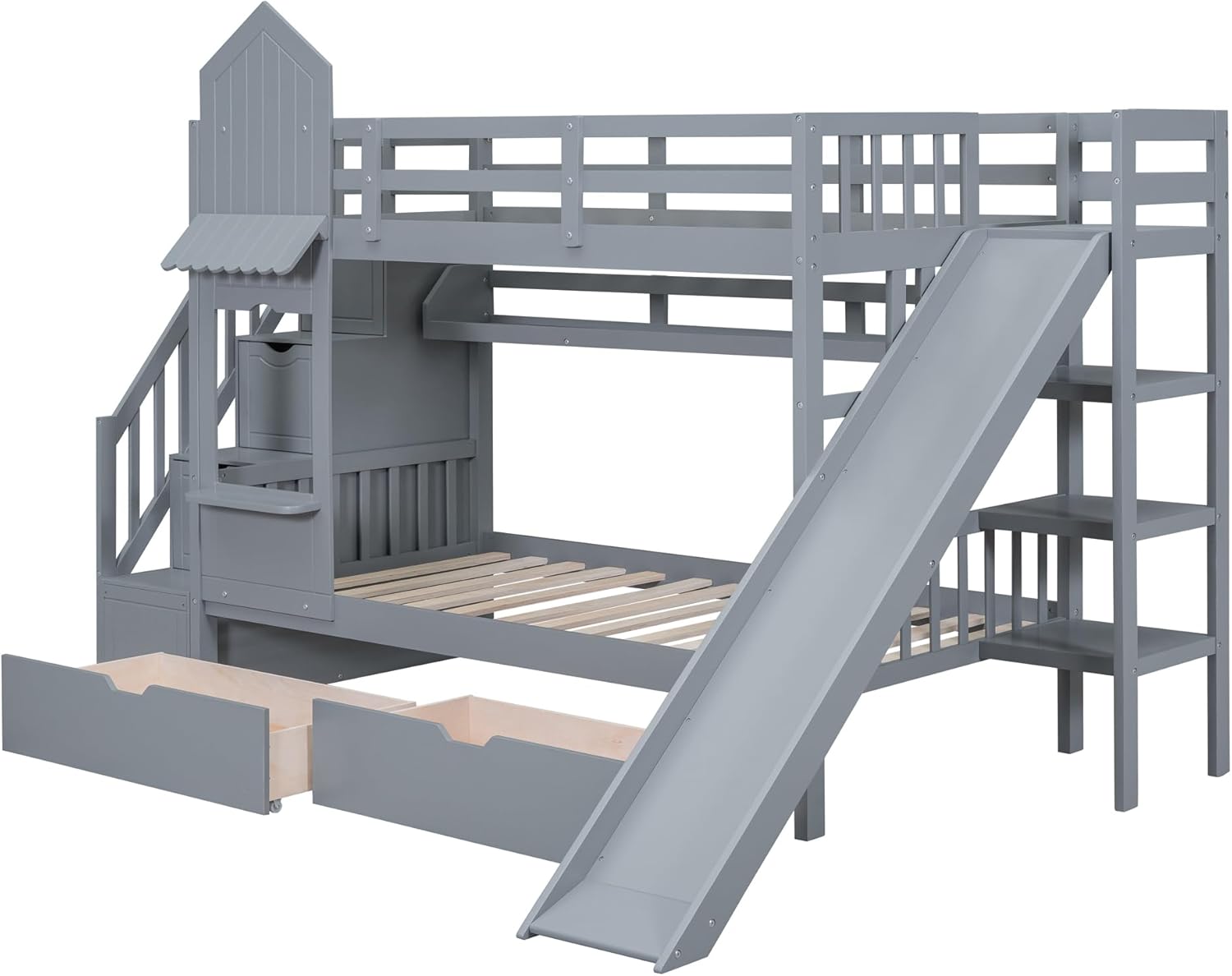Twin-Over-Twin Castle Style Bunk Bed with 2 Drawers 3 Shelves and Slide - Gray
