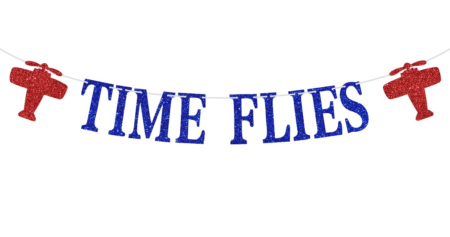 Time Flies Banner, Airplane First Birthday, Happy Birthday/Adventure Awaits Themed Boys Girls 1st 2nd 3rd Birthday Party Decorations Supplies, Blue and Red Glitter