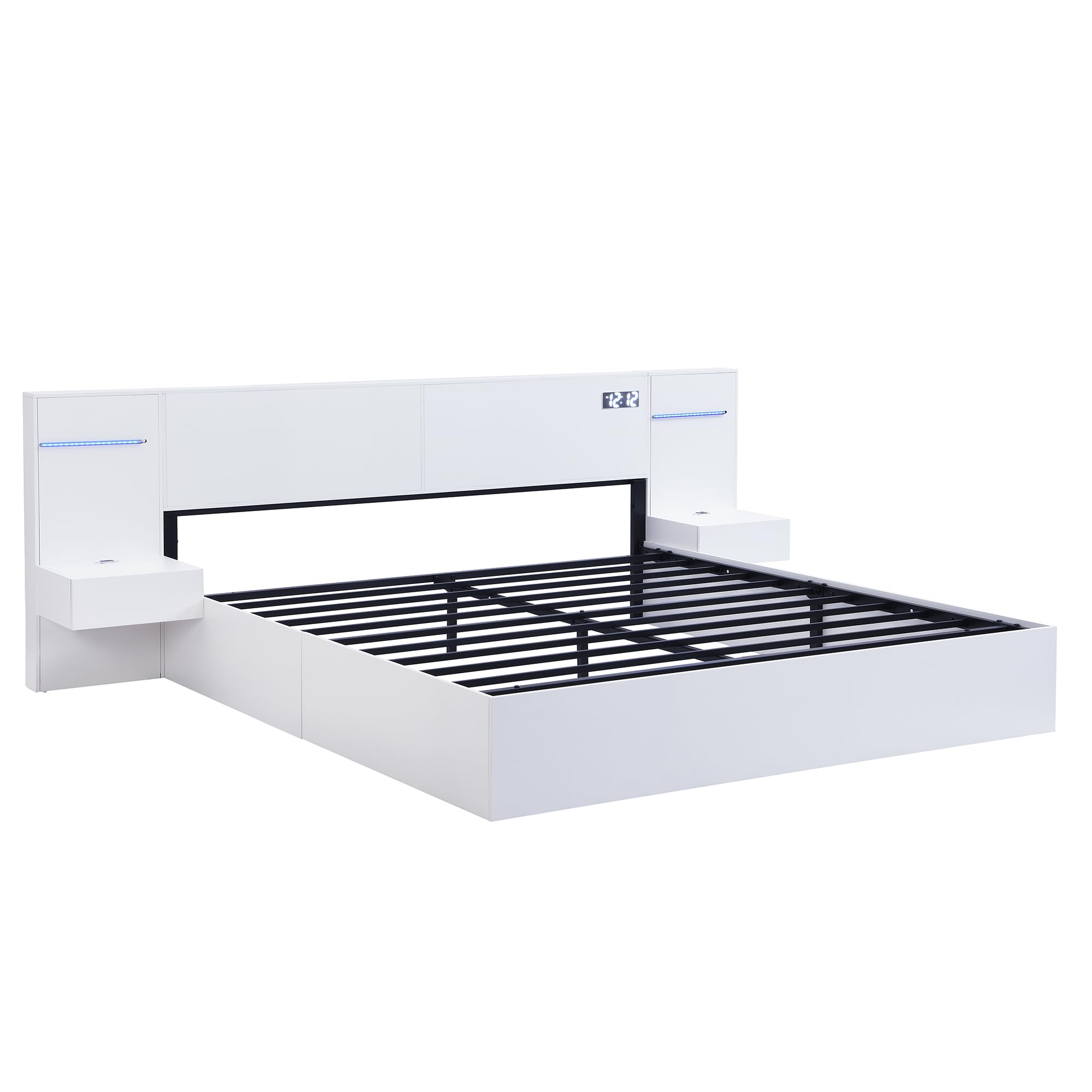 Estructura de Cama de Madera 160x200cm Cama King Size con Dos Mesitas de Noche Cabecero Repisas Base Estables Muebles Cama con Almacenamiento Dormitorio Matrimonial Adultos Blanca
