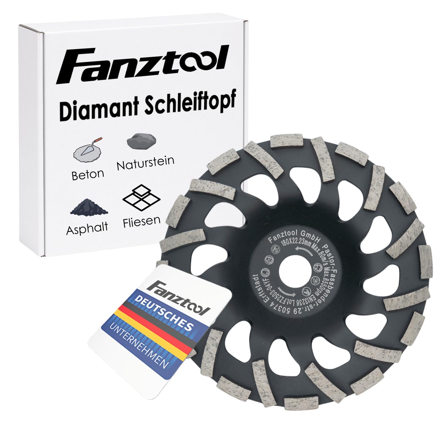 FANZTOOL Disco de diamante 180 x 22,2 mm, modelo H para hormigón, universal, con orificio grande para lijadora
