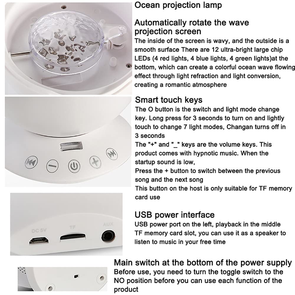 Proyector de ondas oceánicas con altavoz de música LED, lámpara de cielo estrellado para dormitorio, iluminación de estado de ánimo con patrón de agua