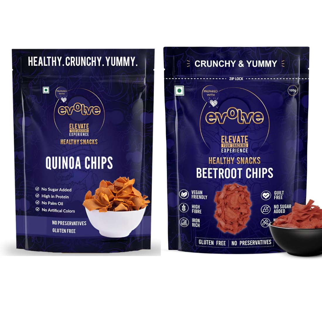 Evolve Snacks Beetroot & Quinoa Chips | Light & Crispy, high protein | Natural ingredients, No Palm Oil, No Artificial Preservatives, Trans Fat Free, Low Calorie | 200g - Pack of 2 (100g each)-image-9