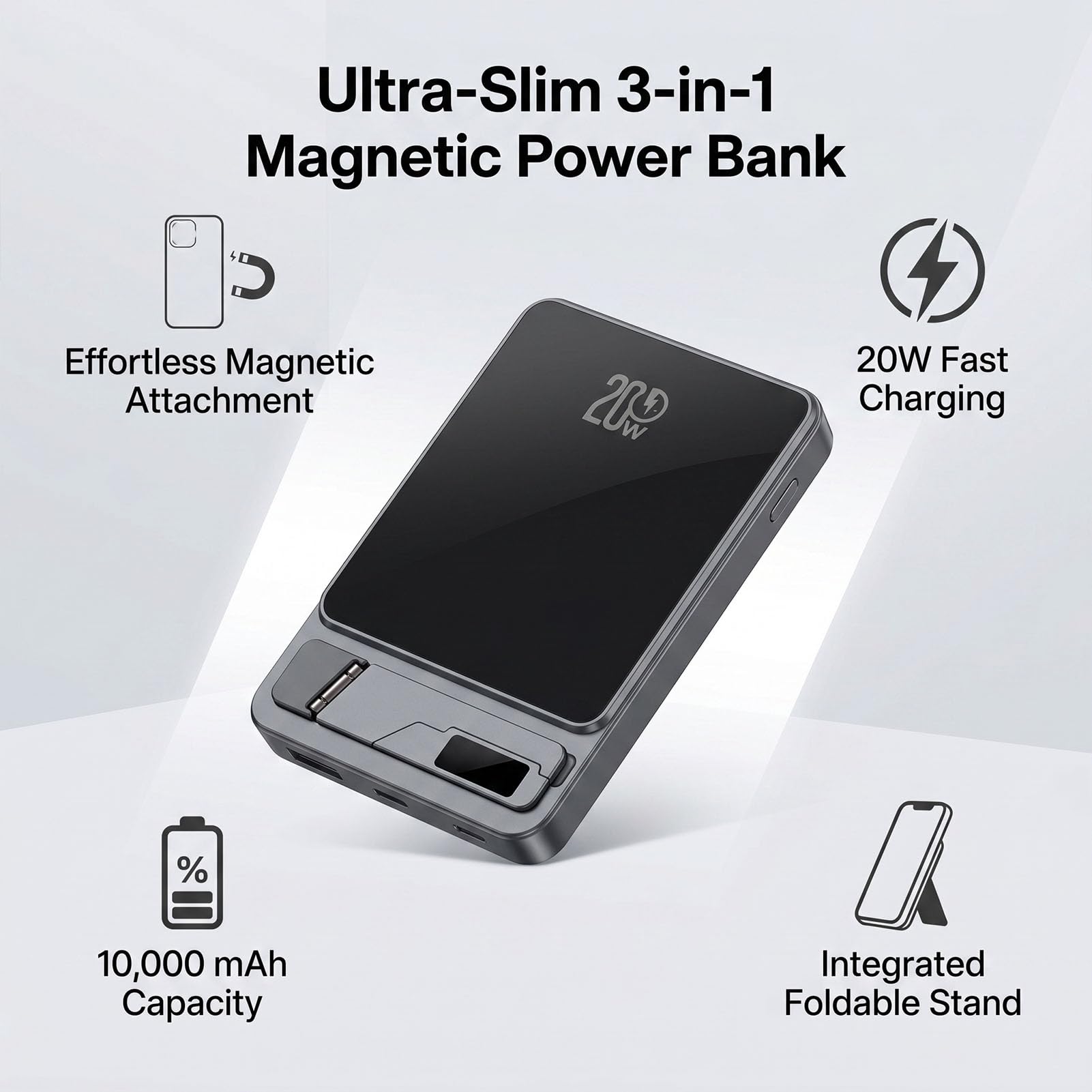 Banco de Energía Inalámbrico Magnético, Cargador Portátil Inalámbrico 3 en 1, Banco de Energía con Soporte Incorporado Apto para Teléfono iOS 12 a 17 USB C 10000mAh 20W (Grey)