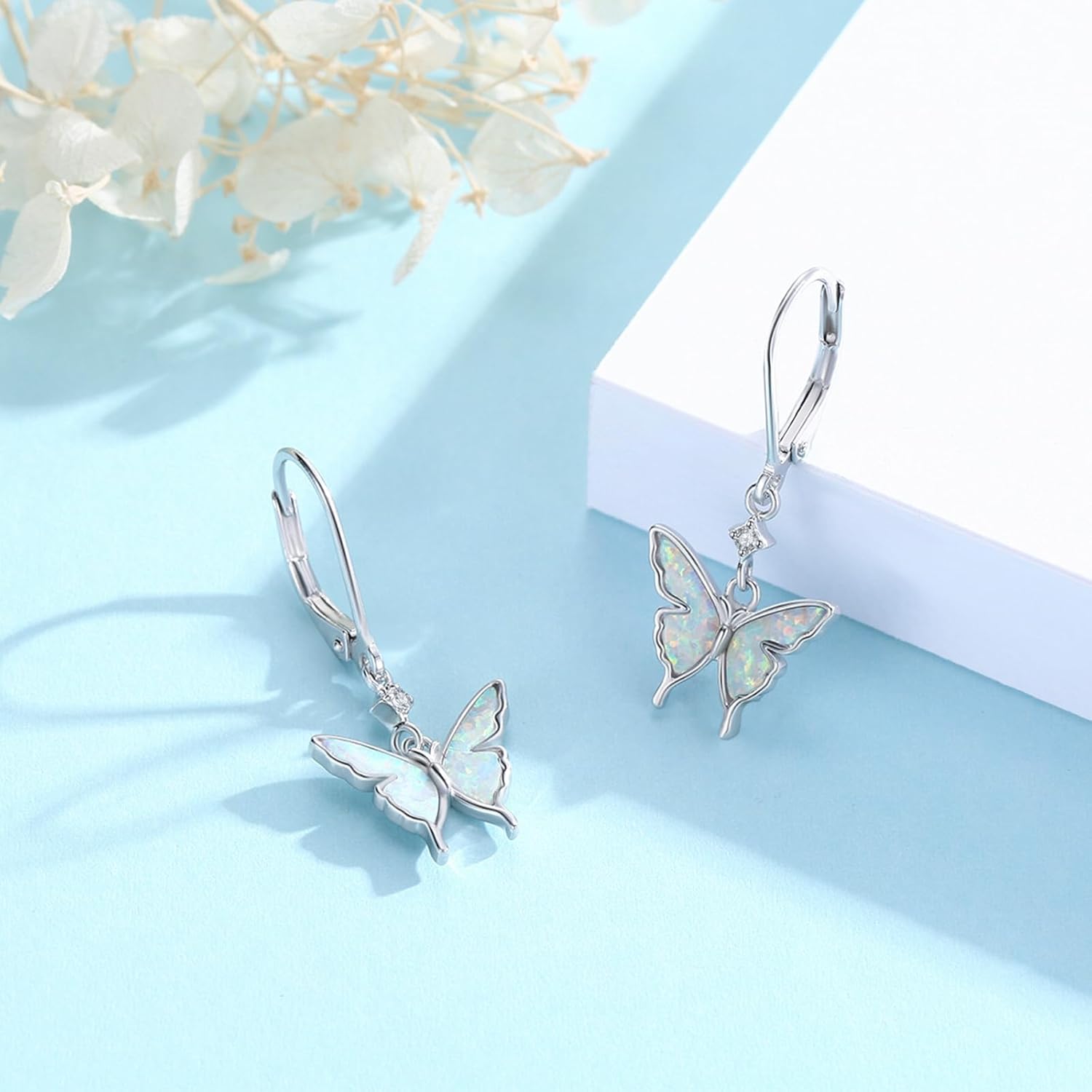 Opal Butterfly Drop Earrings - 925 Sterling Silver Dainty Wings With 5A Cubic Zirconia - Mother's Day Jewelry for Women
