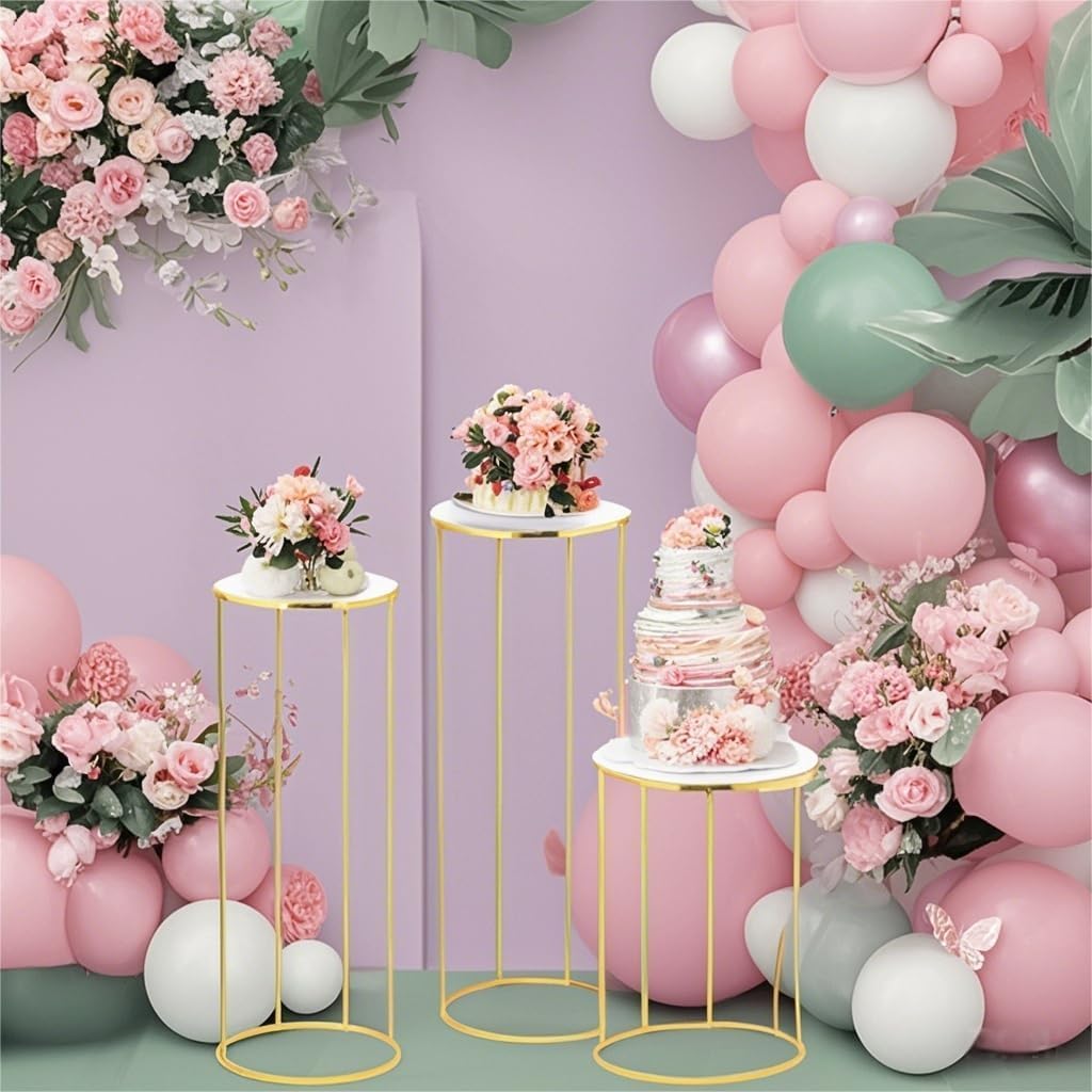 Lot de 3 supports cylindriques dorés pour fêtes, gâteaux ronds en métal, pour fête d'anniversaire, mariage, salon, terrasse