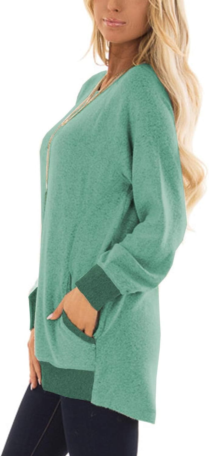 Long Sleeve T Shirts Round Neck Sweatshirts Color Block Tunic Loose-Fitting Blouses Cozy Top with Pockets - Image 2