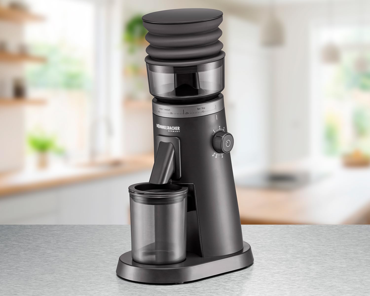 ROMMELSBACHER Molinillo de café Premium EKM 600, mecanismo de acero inoxidable con engranaje de metal resistente para molienda de alta homogeneidad, espacio muerto optimizado con fuelle adicional, 75