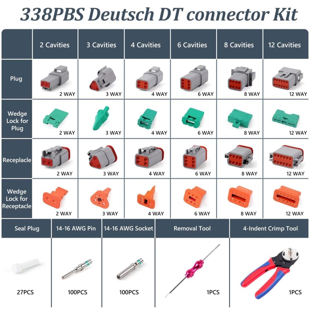 Kit de Conectores DT Deutsch de 338 Piezas: Conectores de 2, 3, 4, 6, 8 y 12, Herramienta de Engarzado, Herramienta de Extracción, Conector Eléctrico para Automóvil