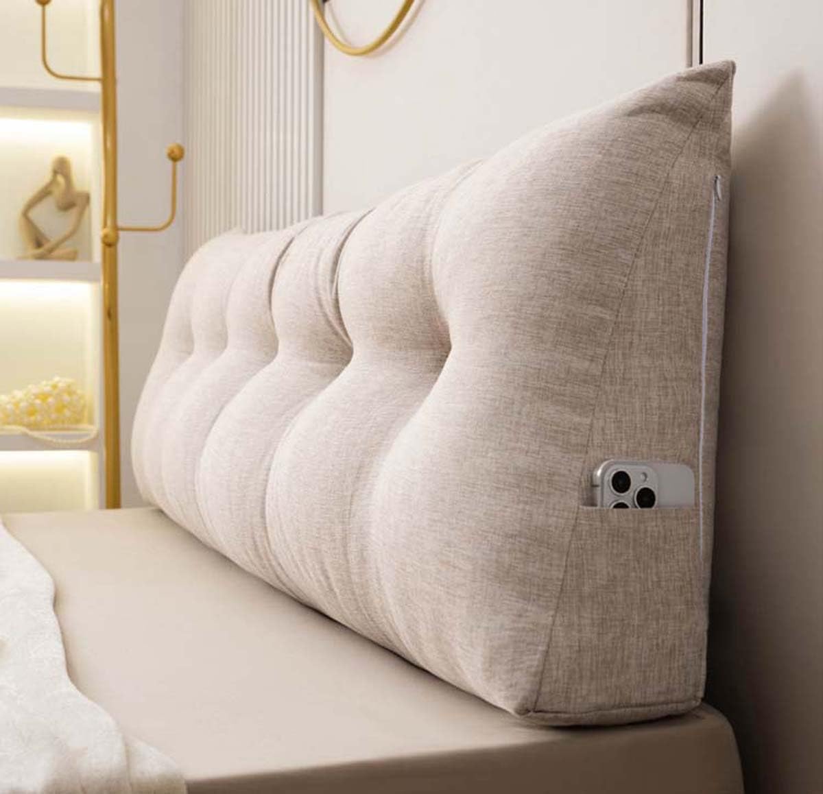 Almohada de lectura triangular de lino transpirable con funda extraíble, almohada de posicionamiento grande para cama, cabecero y sofá