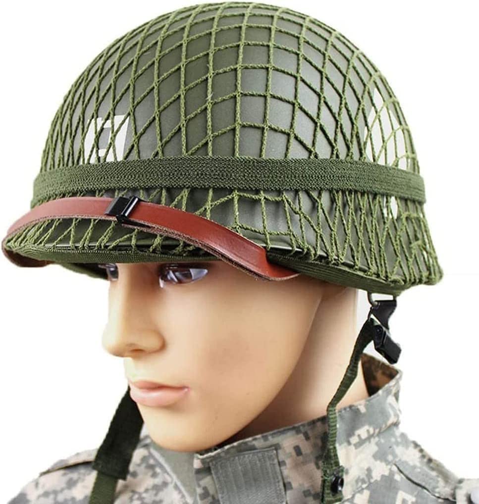 REMEK Casco M1 WW2 US, Casco Réplica Verde WWII con Malla Escudo Malla 56~62 Cm Segunda Guerra Mundial Equipo Militar