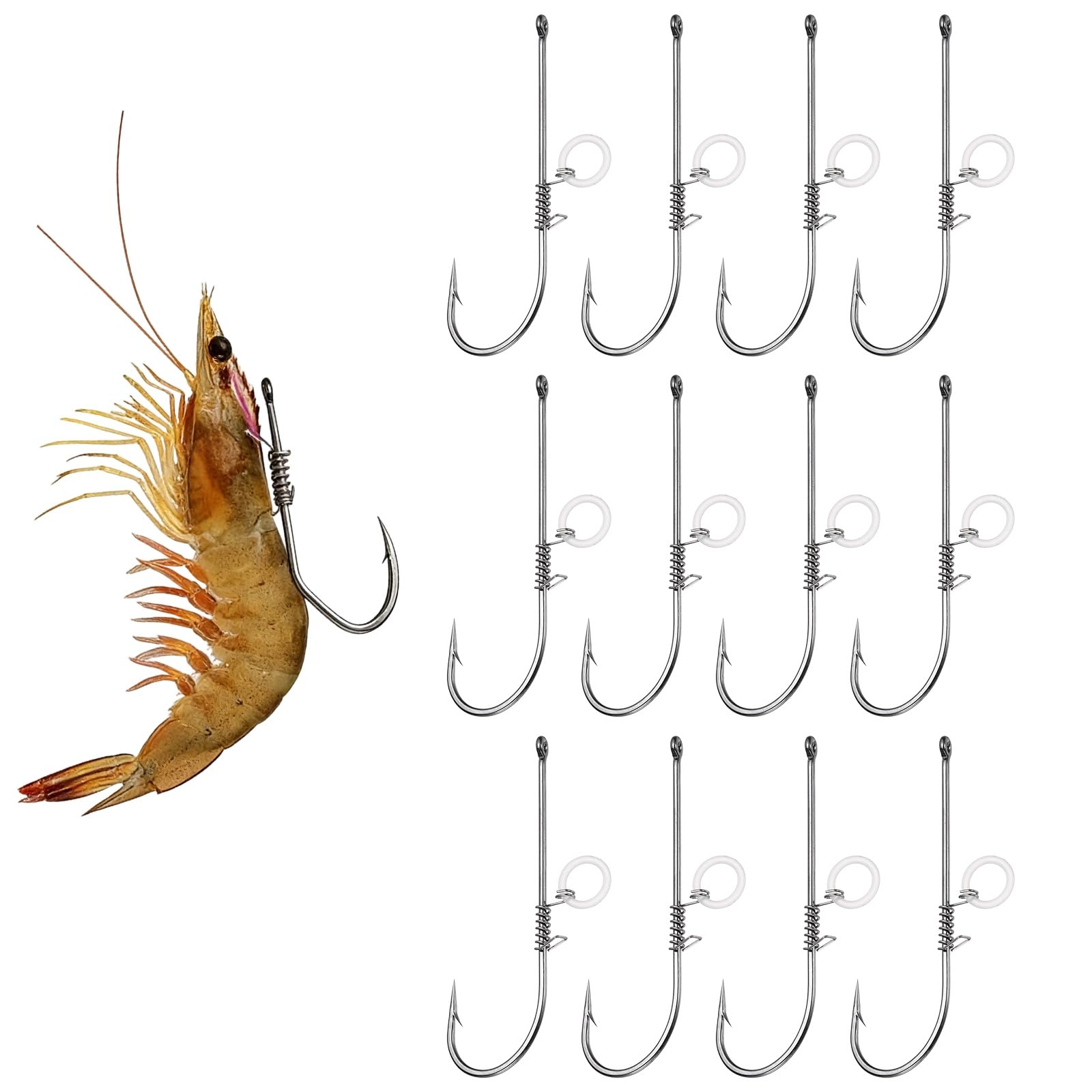 YELARXI Shrimp Hooks, High Carbon Steel Barbed Bait Holder Fishing Hook, Offset for Bass Catfish Salmon, 12Pcs & 4/0# & Silver - Fitting For(Saltwater/Freshwater Fishing)