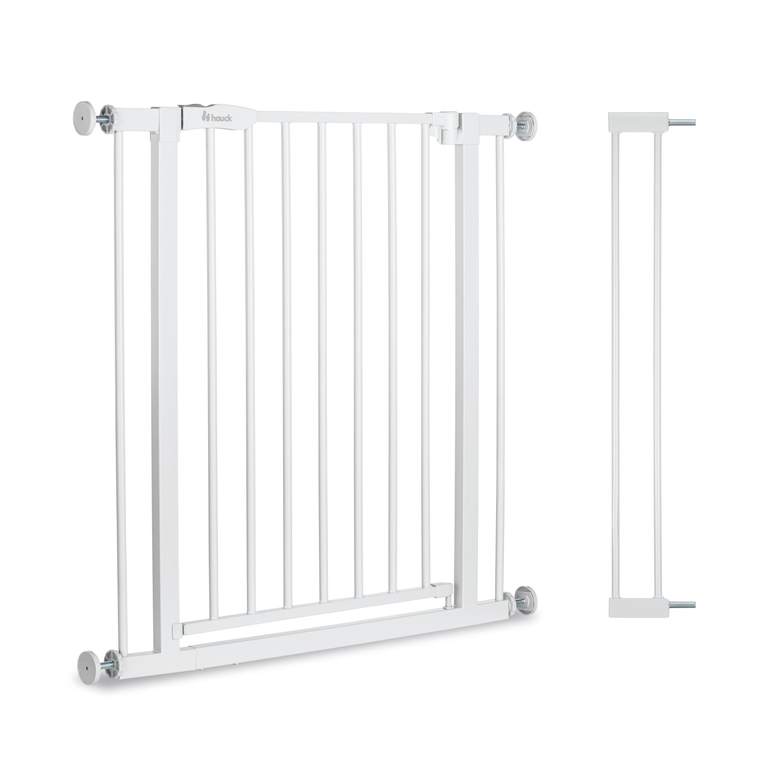 hauck Clear Step 2 + Estensione da 9 cm, Bianco - Cancelletto per Bambini Cani, Larghezza Regolabile da 84 a 89 cm, Alto 77 cm, Base Piatta, Apribile con una Mano in Entrambe Direzioni, per Interno